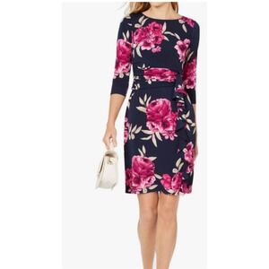 Jessica Howard Navy Pink Floral Faux‎ Wrap Ruffle Sheath Dress 16W 3/4 Sleeve